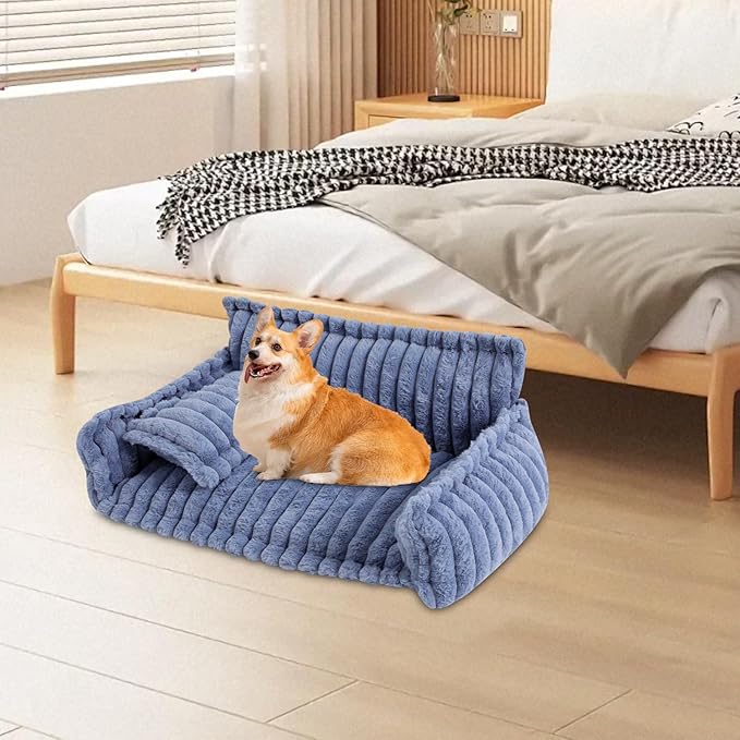 Blue Plush Pet Sofa Bed for Small Dogs & Cats, Removable Washable Fluffy Couch with Pillow, Non-Slip Soft Cat Dog Bed Large Size, Modern Pet Furniture(Blue)