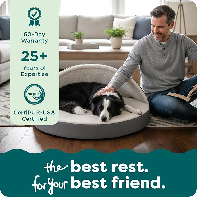FurHaven Round Orthopedic Dog Bed for Medium Dogs, Egg Crate with a Solid Orthopedic Foam Base with Attached Blanket Hood and Removable Washable Cover, Medium, Sherpa & Suede Snuggery, Espresso
