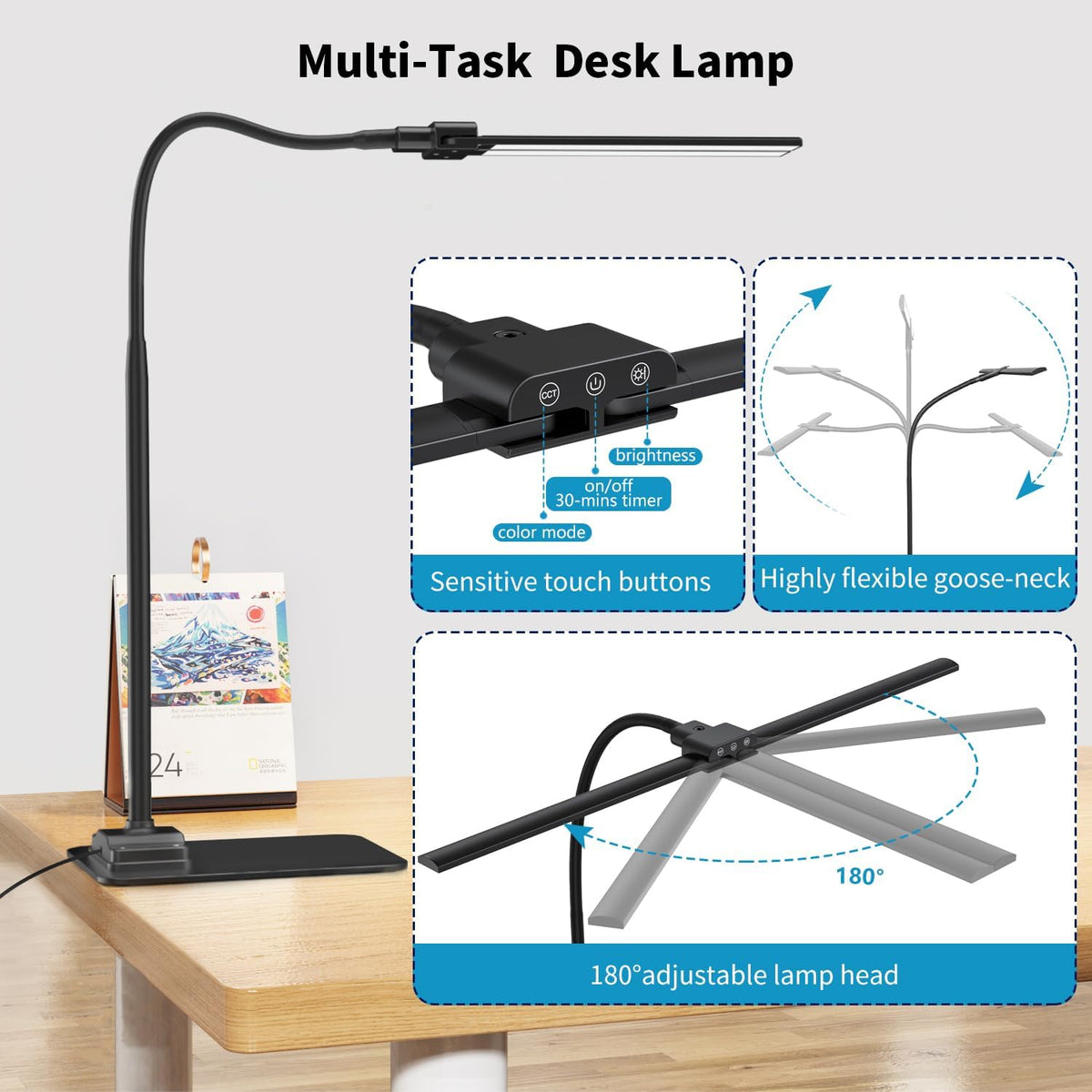 LED Desk Lamp Double Light: 1200LM Desk Light Base for Home Office, Black