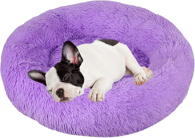 huraty Plush Dog Bed Pet Calming Fur Bed, Fluffy Donut Round Cat Beds, Anti-Slip & Anti-Anxiety, 16 Inch for Puppy and Kitties, Lilac, XS