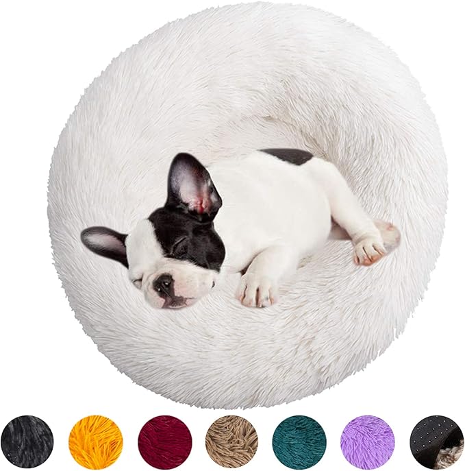 huraty Plush Dog Bed for Small Medium Dogs, Fluffy Donut Round Pet Cat Beds, Anti-Slip & Anti-Anxiety, 24 Inch for Puppy and Kitties, White, M