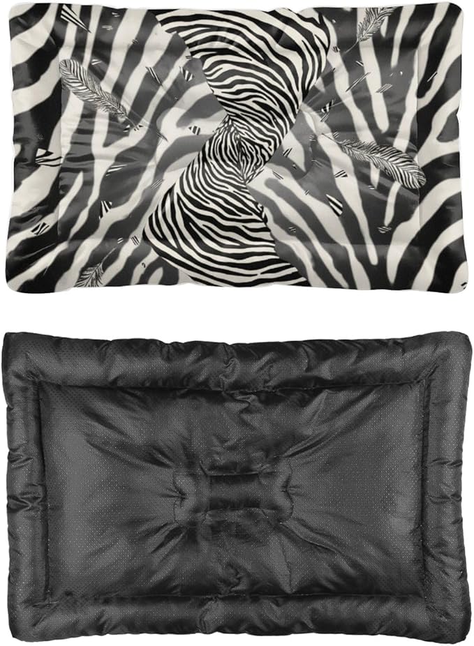 Zebra Print Feathers Machine Washable Dog Bed Bed Mats for Dogs Small Crate Pad Dog Beds for Crates Washable Non-Slip Cushion Crate Medium Dogs Cage Mats Crates Pet Cushion Indoor Outdoor 24X18 Inch