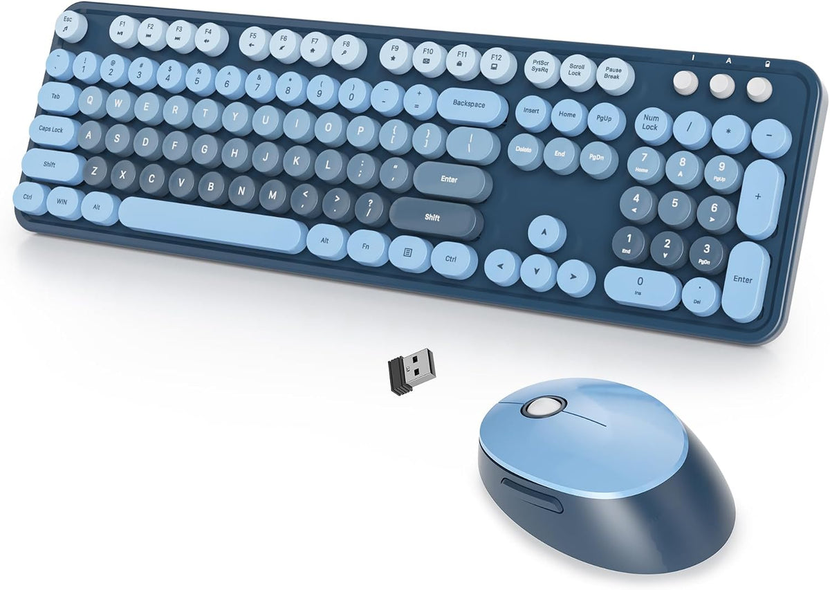 Wireless Keyboard and Mouse Set, Retro Typewriter Sea Blue