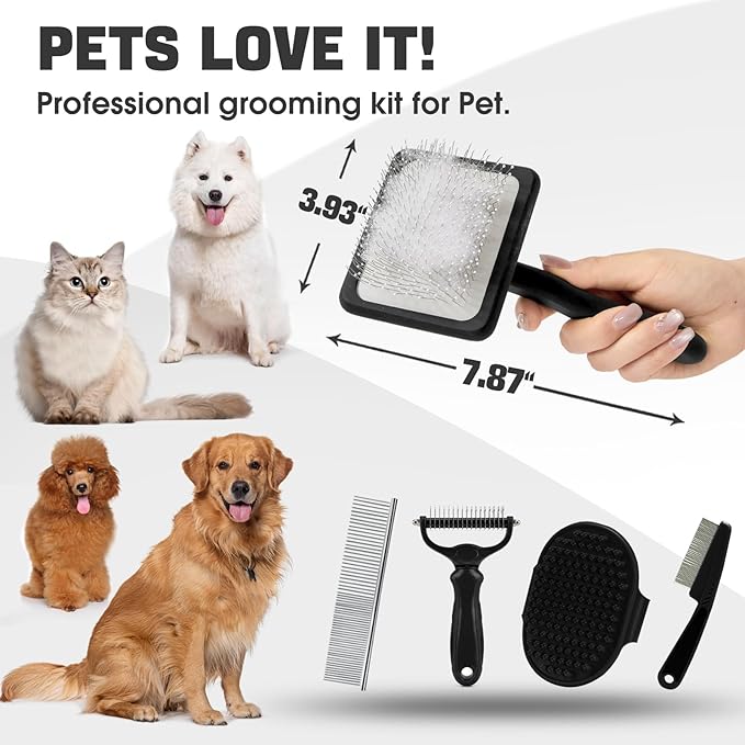 Dog Slicker Brush for Dogs Grooming Kit 4PCS | Large Dog Brush for Goldendoodles Poodles Doodles | Long Pin Haired Brush | Poodle Brushes and Comb (Black)