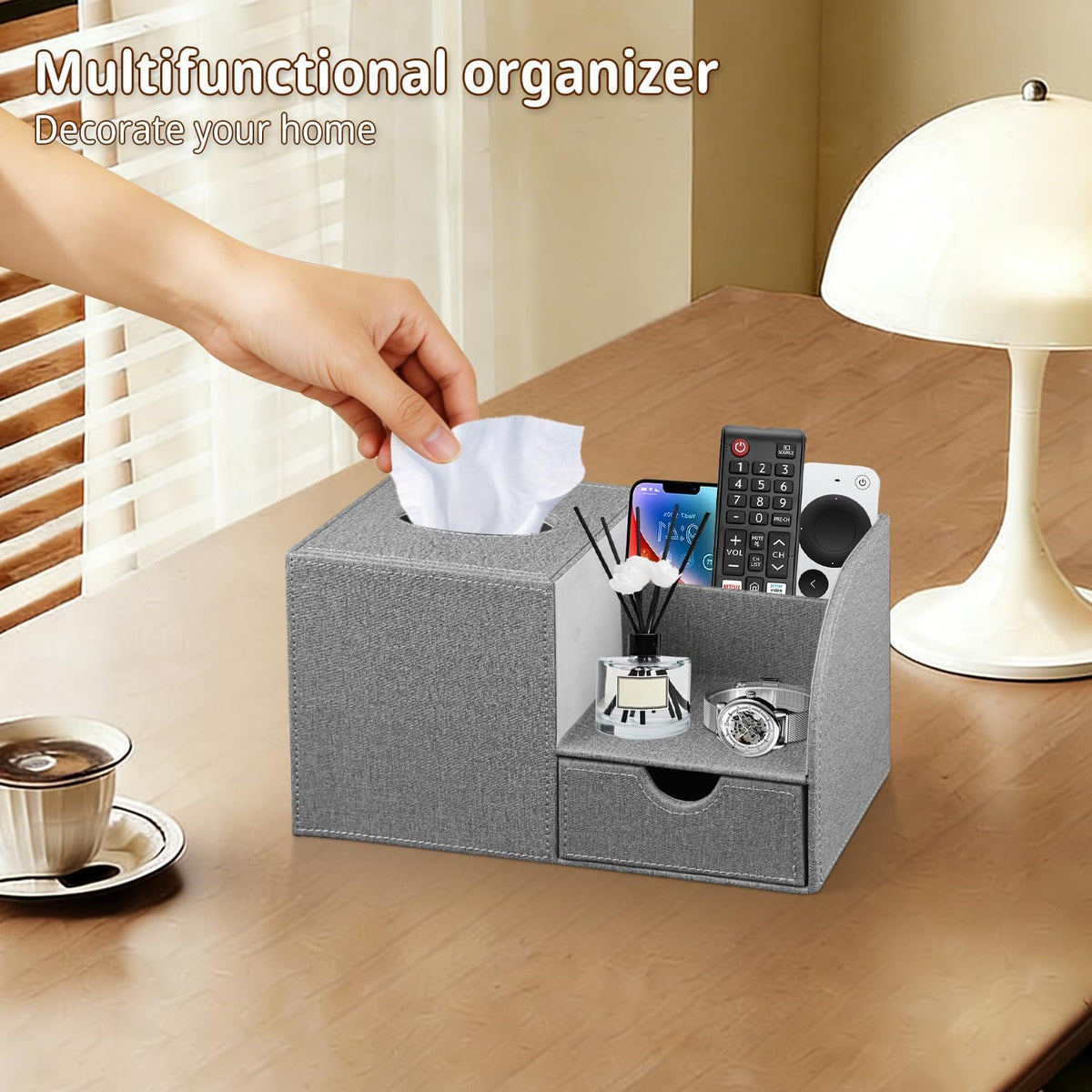 Nightstand Organizer with Tissue Holder,PU Leather Square Tissue Box Cover