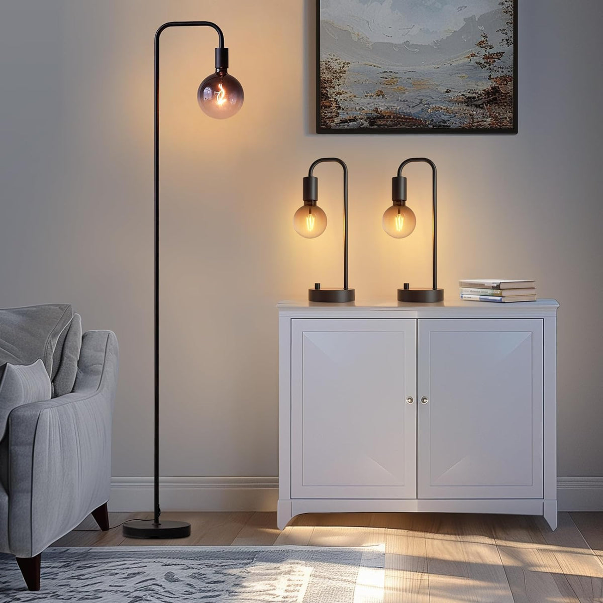 ONEWISH Industrial Lamp Set 3 Piece-1 Floor Lamp and 2 Dimmable Table Lamp- 3 Pack Modern Matching Floor and Table Lamp with Gradient Black Globe Bulb for Living Room,Bedroom(Bulb Included)