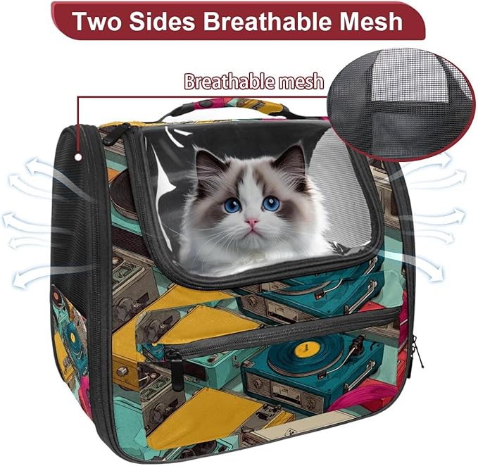 Color Record Player Pattern (2) Pet Cat Backpack Carrier for Kitty Small Dog, Ventilated Pet Carrier Bag for Car, Walking, Hiking, Outdoors
