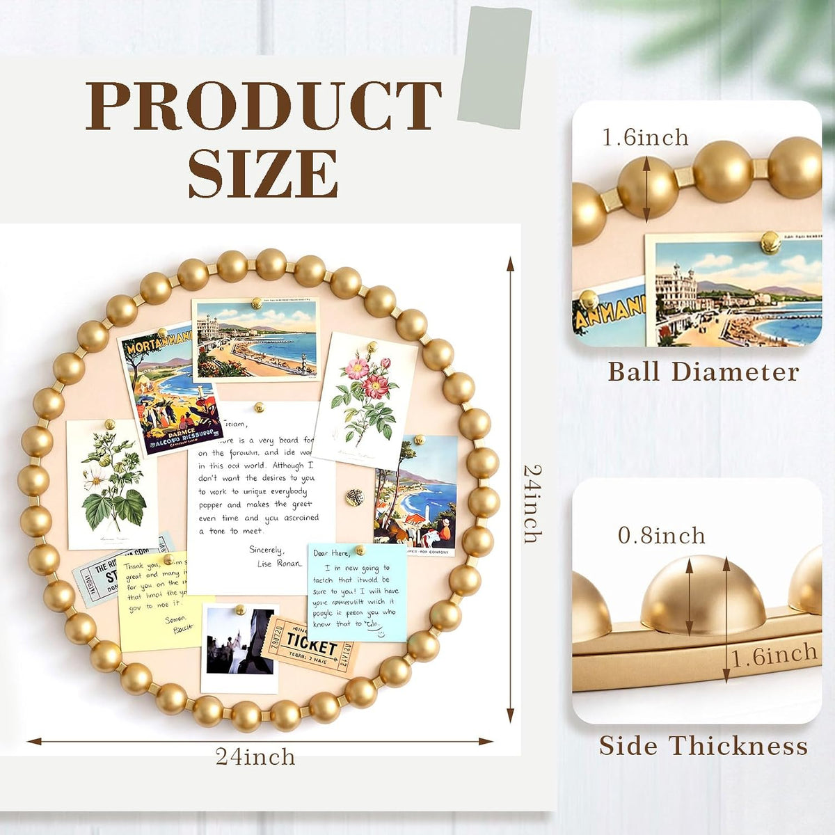 24 Inch Gold Bulletin Board, Beaded Frame Linen Fabric Pin Board