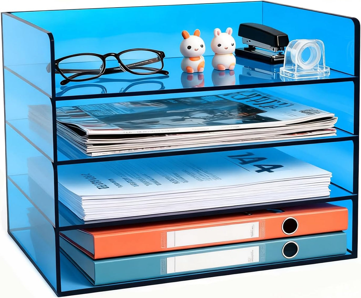 Gelite Acrylic File Organizer for Desk 4 Tiered Stackable Letter Tray Office Paper Storage Desktop Document Sorter, Blue