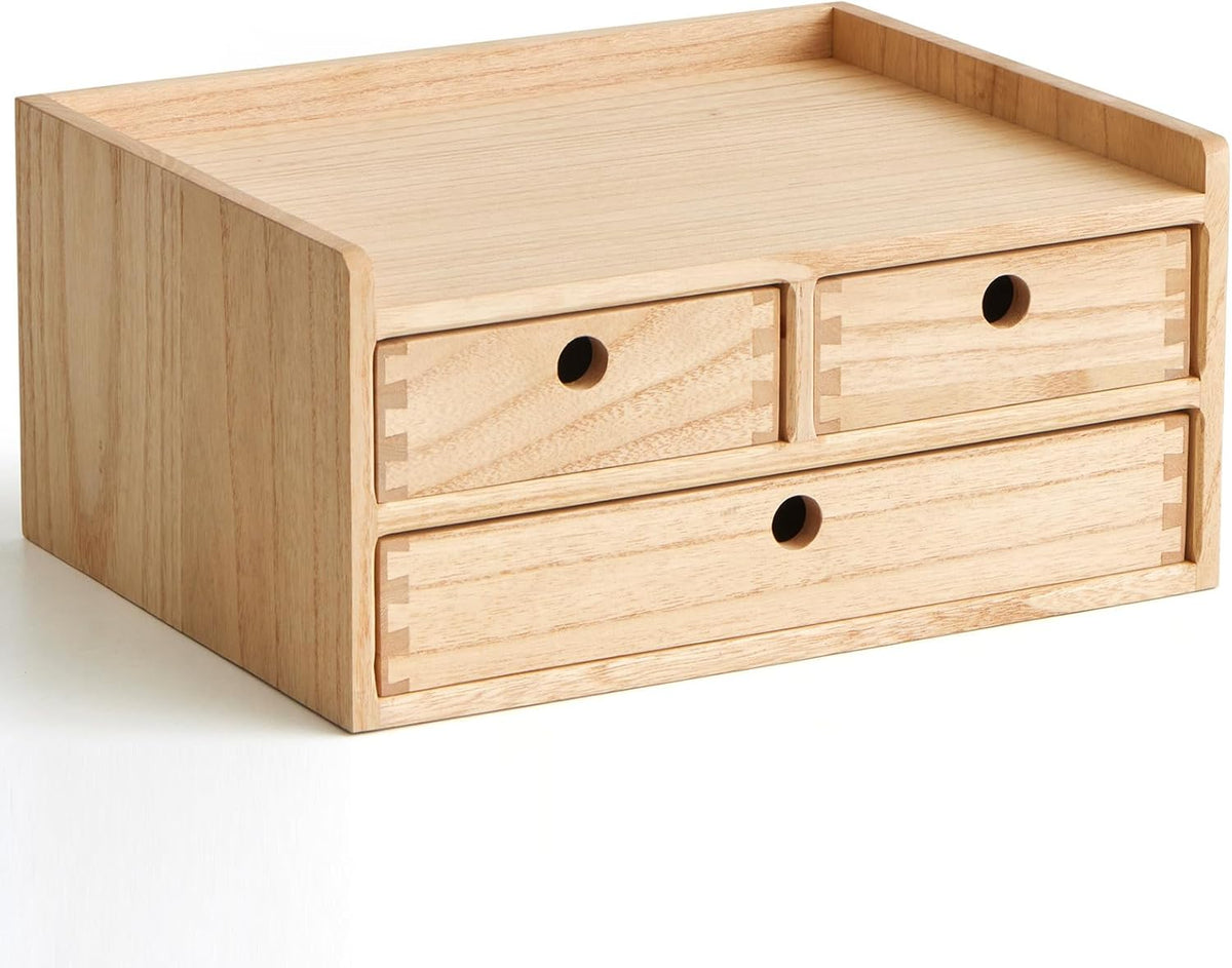 KIRIGEN Wooden Desk Organizer with 3 Drawers and Top Tray Natural DT2D3C-NA