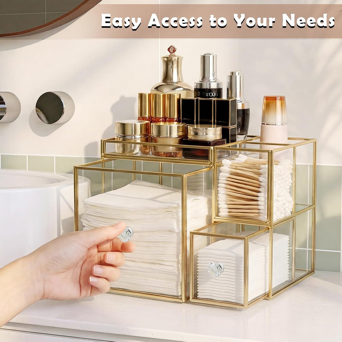 Sumnacon Glass Face Towel Holder with 2 Drawers&Tray for Bathroom,Clear