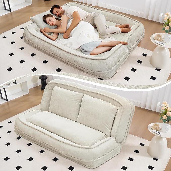 Extra Large Human Dog Bed for Adult & Pets, Convertible Floor Sofa Bed with 5 Adjustable Position, Lazy Couch Giant Bean Bag Lounge Chair Comfy Tatami with 3 Pillows for Bedroom Living Room (Beige)