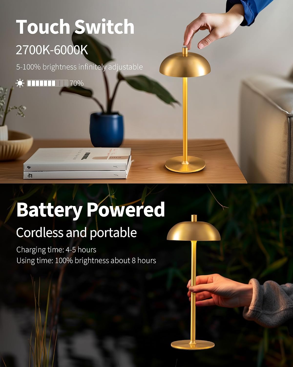 12" Cordless Table Lamps Set of 2, Gold Modern Portable Desk Lamp