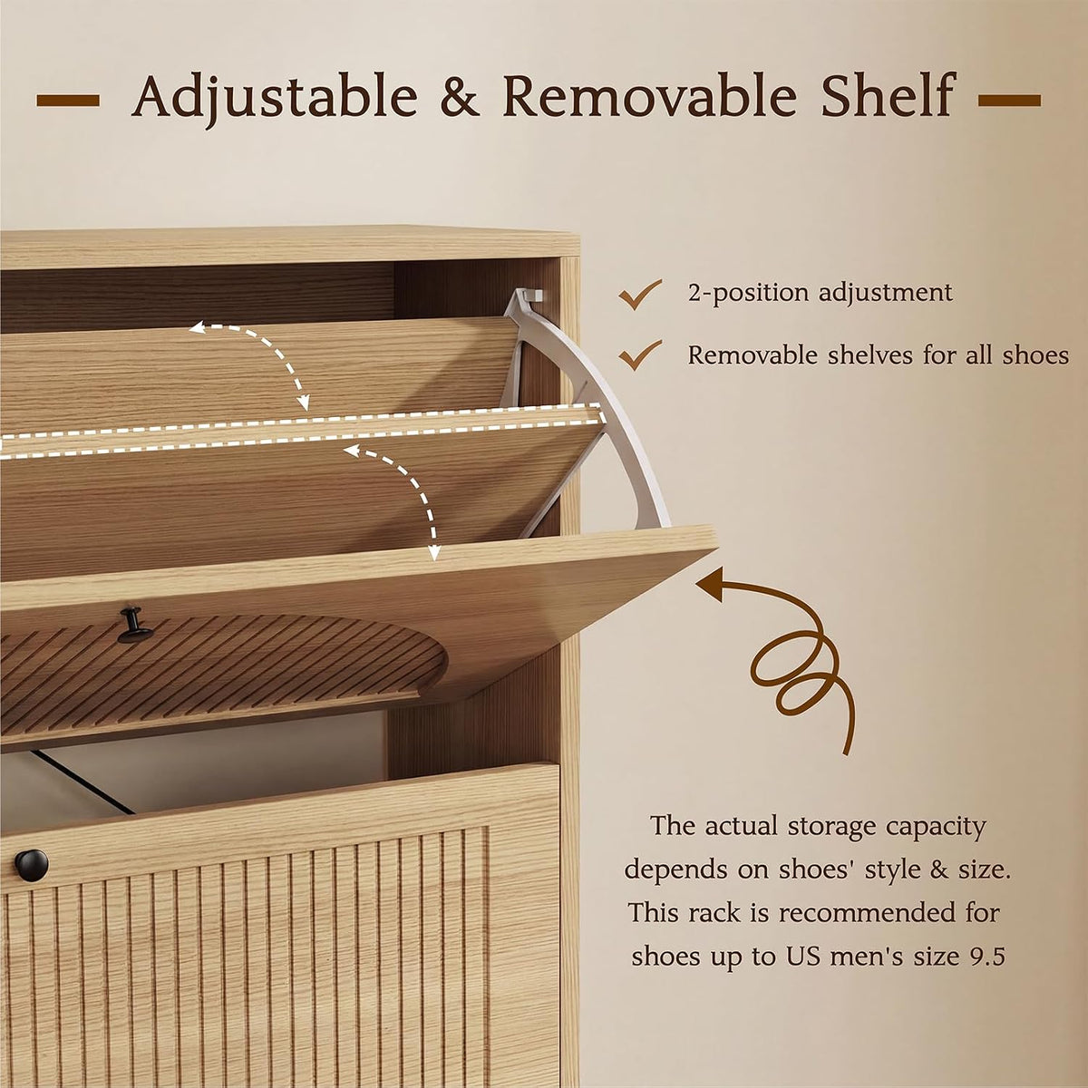 Shoe Organizer for Entryway, Fluted Shoe Cabinet with Flip Drawers, Oak