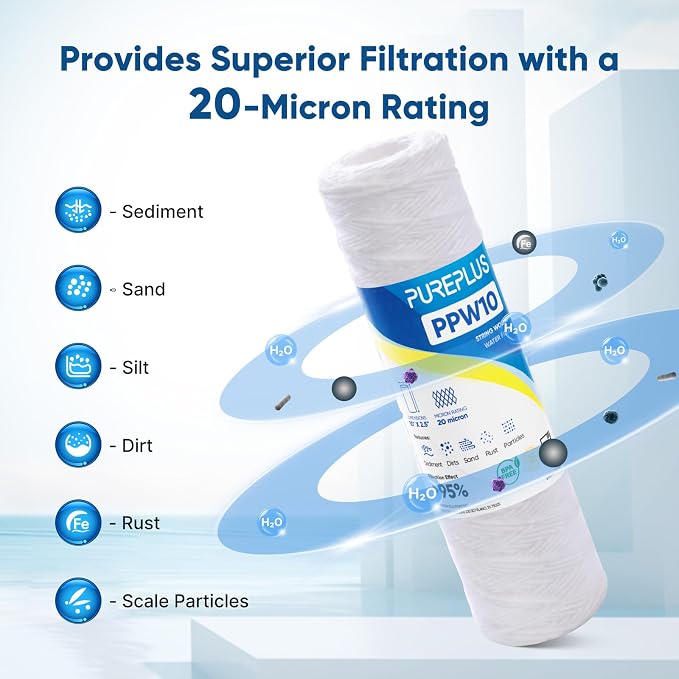 PUREPLUS 20 Micron 10"x2.5" Whole House String Wound Sediment Filter
