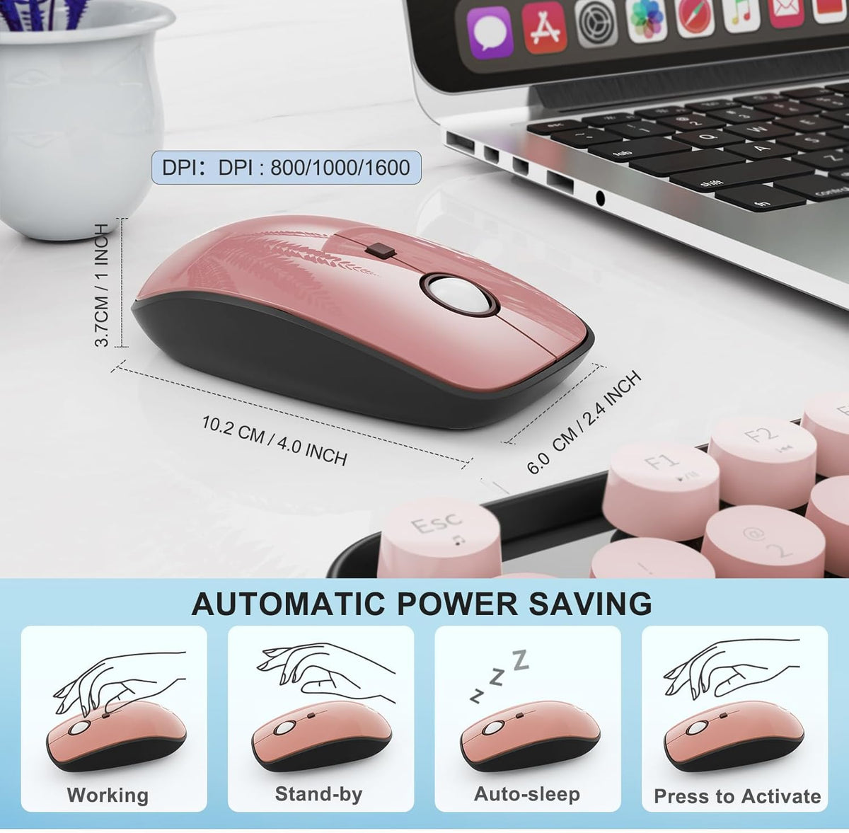 FOPETT Wireless Keyboard and Mouse Combo - 2.4G Full-Sized Cute Colorful Mouse and Keyboard with 104 Round Keys Retro Typewriter Keyboard for Laptop/Windows/PC - Pink Gradient