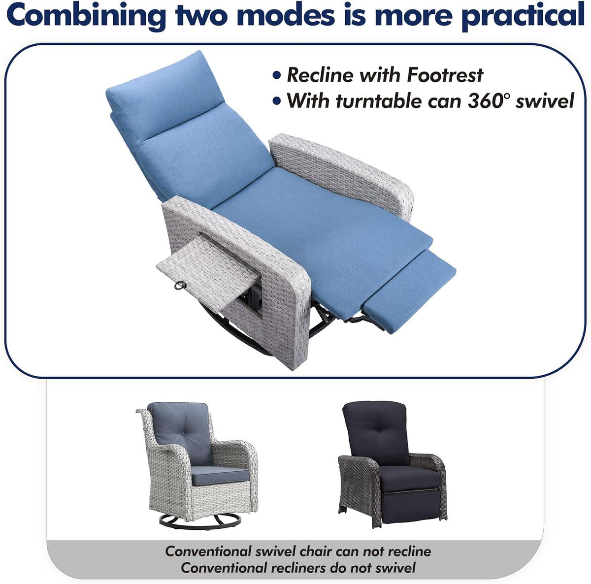 ZZW Outdoor Recliner Chair, Wicker Patio Recliners with Adjustable Backrest and Extended Foot Rest, Reclining Patio Chairs with Flip Table & Removable Cushion Cover for Porch