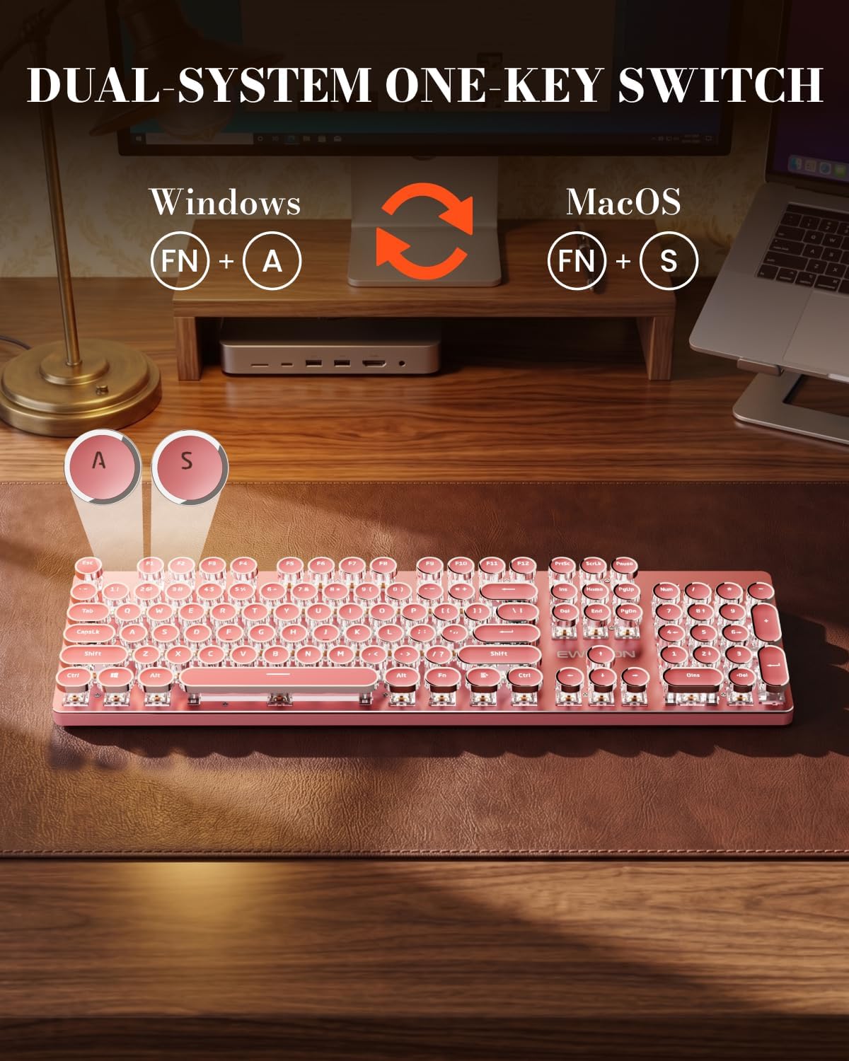 Wireless Typewriter Style Mechanical Keyboard with White Backlit, Pink