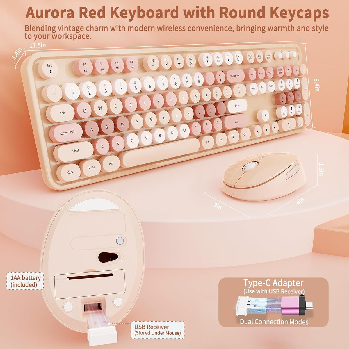 HotFox Wireless Keyboard and Mouse Combo, Full-Size Retro Typewriter Keyboard with Round Keycaps, Ergonomic Design for Windows PC, Home and Office Use -Brown