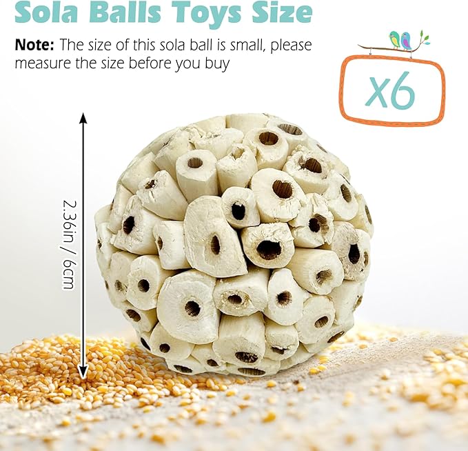 PINVNBY 6 Pack Small Sola Balls Bird Toys Soft & Chewable Bird Chew Ball Natural Sola Plant Lightweight Shred Toy for Parakeet Cockatiel Lovebird Budgie and Similar Sizes Pets