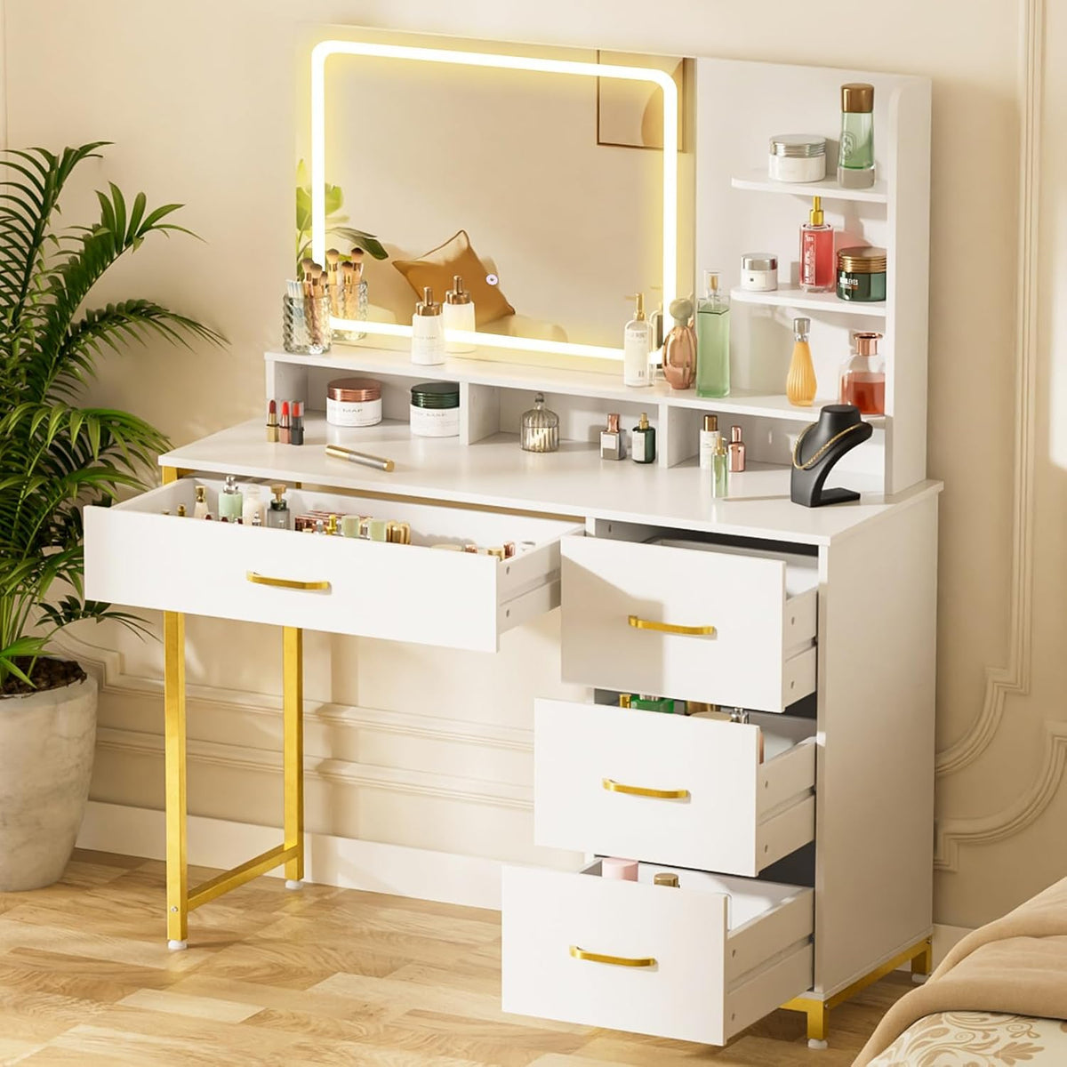 COMHOMA Vanity Desk with Mirror and Lights, Makeup Vanity Table with 4 Drawers & Storage Shelves, Large HD Mirror, 3 Color Modes & Adjustable Brightness, Modern Dressing Table for Bedroom, Pearl White