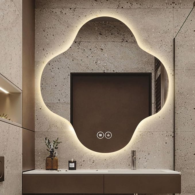 Irregular Bathroom Mirror with LED Light, Wall Mounted Mirror with Demister Pad