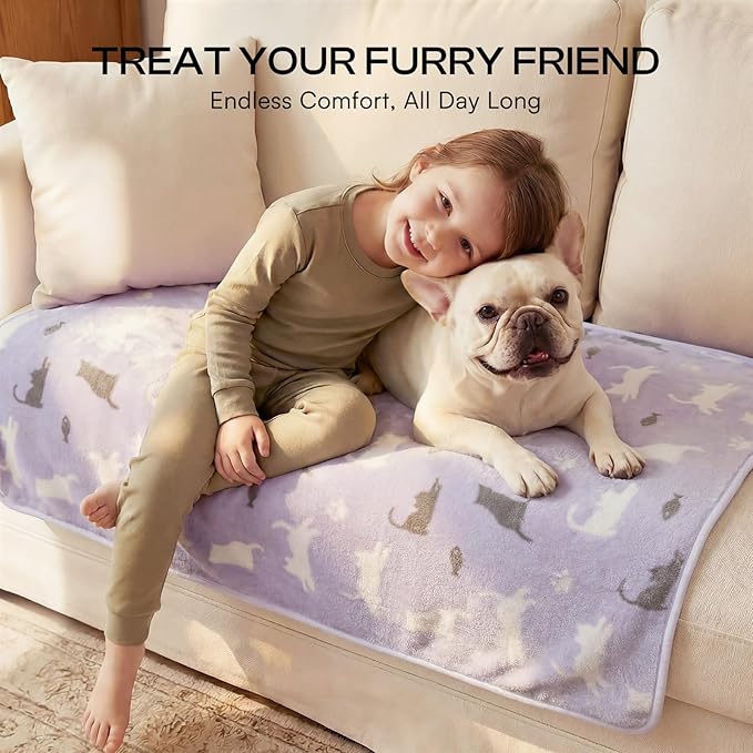 Luciphia 1 Pack 3 Blankets, Cute Cat Printed Fluffy Fleece Pet Blanket for Dogs Cats Washable, Warm Soft Throw Cover for Crate Couch, Gifts Puppy Essentials, Purple/Grey/Khaki, Large (41x31 inch)