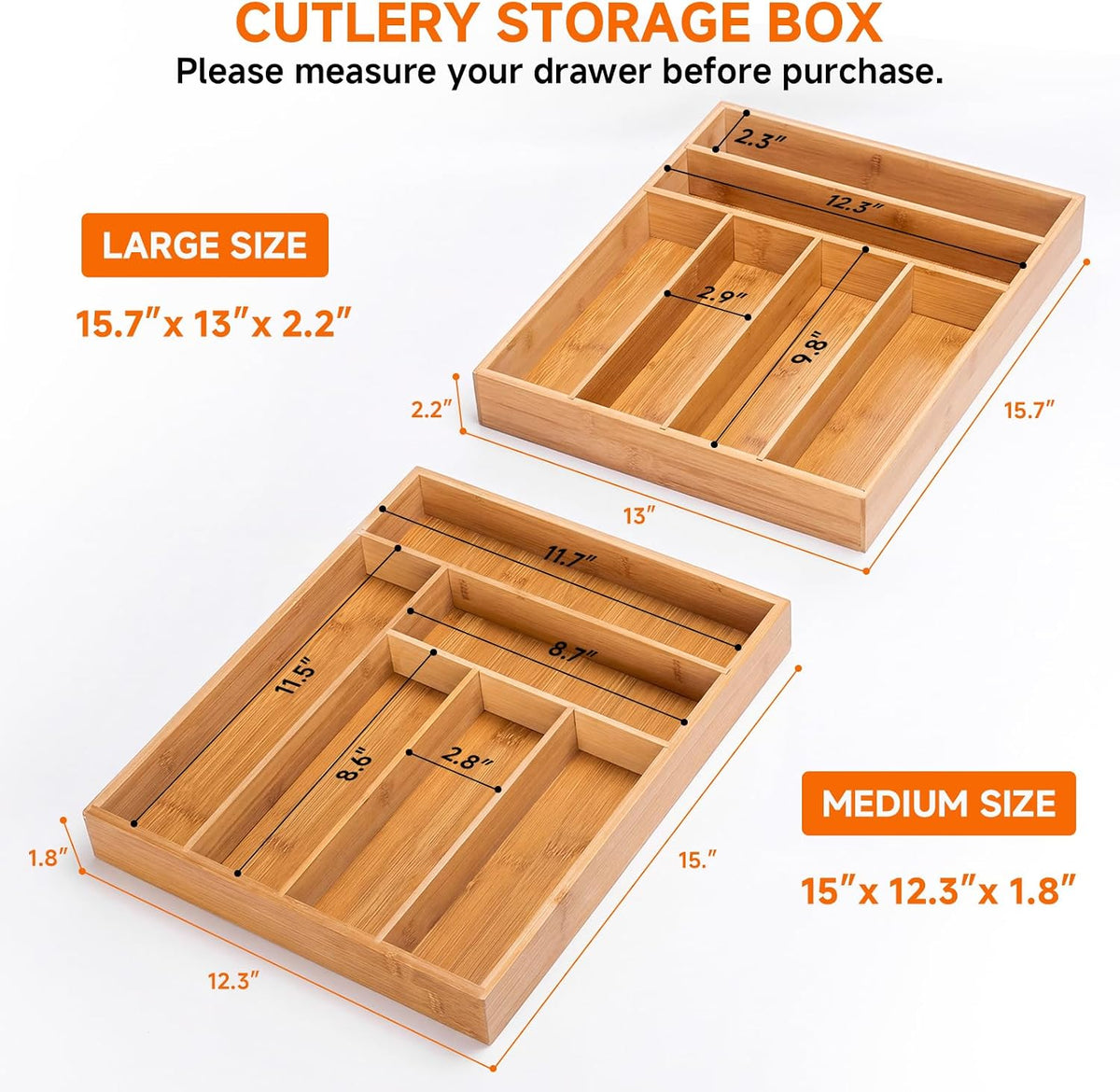 2-Piece Set Bamboo Silverware Drawer Organizer