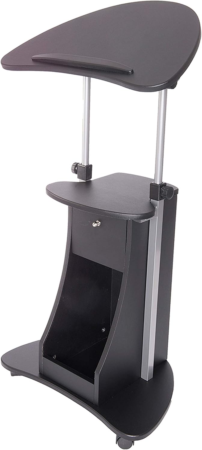 Techni Mobili Adjustable Height Rolling Laptop Cart with Storage, Black