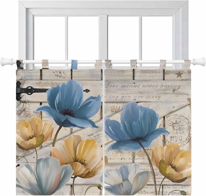 Blue Yellow Tulips Bedroom Curtains 63 Inch Length, Window Curtains Tab Top