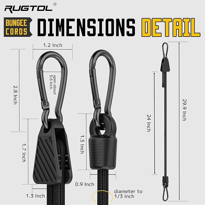 Upgraded Adjustable Bungee Cords with Hooks, 6 Pack Heavy Duty Outdoor Carabiner Bungee Cord, Black Super Elastic Bungee Straps Easily Adjust from 7" to 24", Great for Cargo, Camping, Bike Racks, Tent