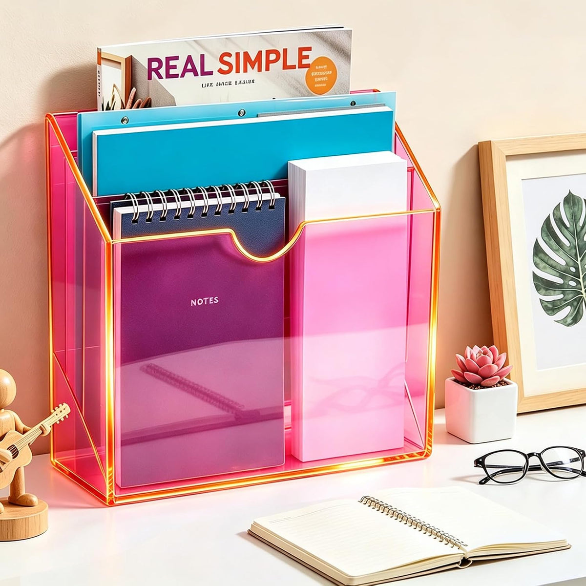 3-Tier Wall File Organizer Acrylic Hanging File Holder Magazine Holder Wall Mount, Neon Pink