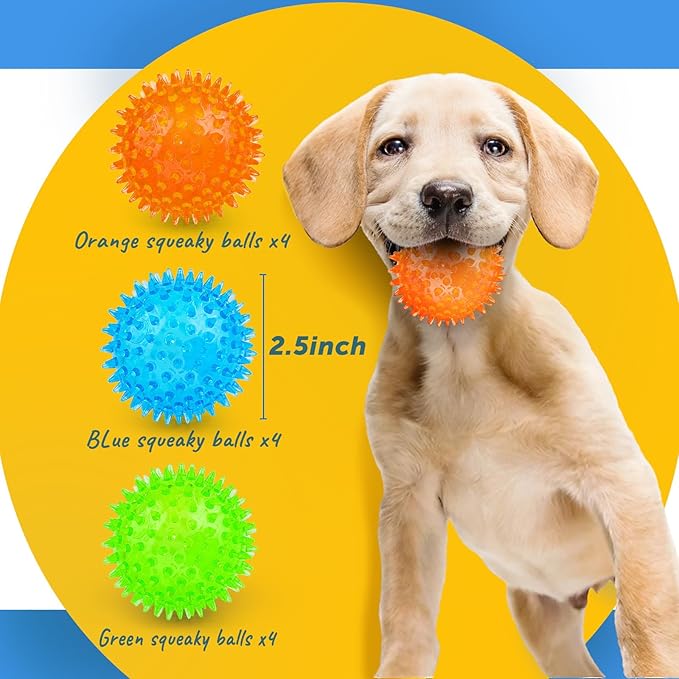 Puppy Toy 2.5” Squeaky Dog Balls Toys and Spikey Dog Ball for Aggressive Chewers for Small Dogs Dog Balls for Clean Teeth and Training （12 Pack）