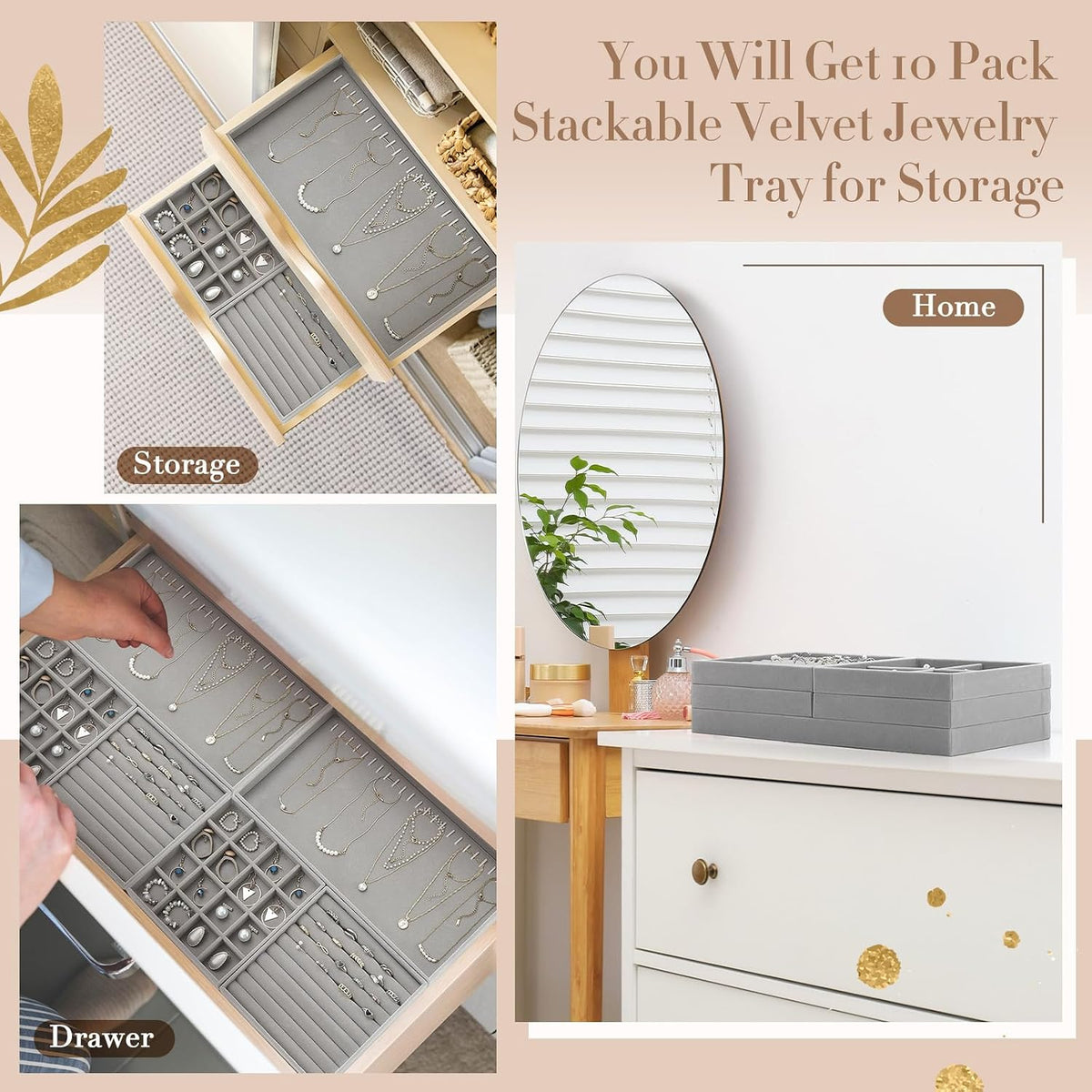 Cinnvoice Set of 10 Stackable Jewelry Organizer Tray for Drawer, Gray