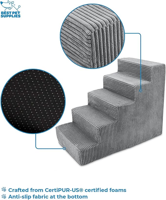 Best Pet Supplies Dog Stairs for Small Dogs & Cats, Foam Pet Steps Portable Ramp for Couch Sofa and High Bed Non-Slip Balanced Indoor Step Support, Paw Safe No Assembly - Gray, 5-Step