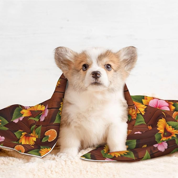Two Sided Plush Pet Blanket for Warmth Comfort, Western Wood Rustic Sunflowers, Reversible Throw with Cozy Nubby Side for Chilly Nights Napping Spots Around House