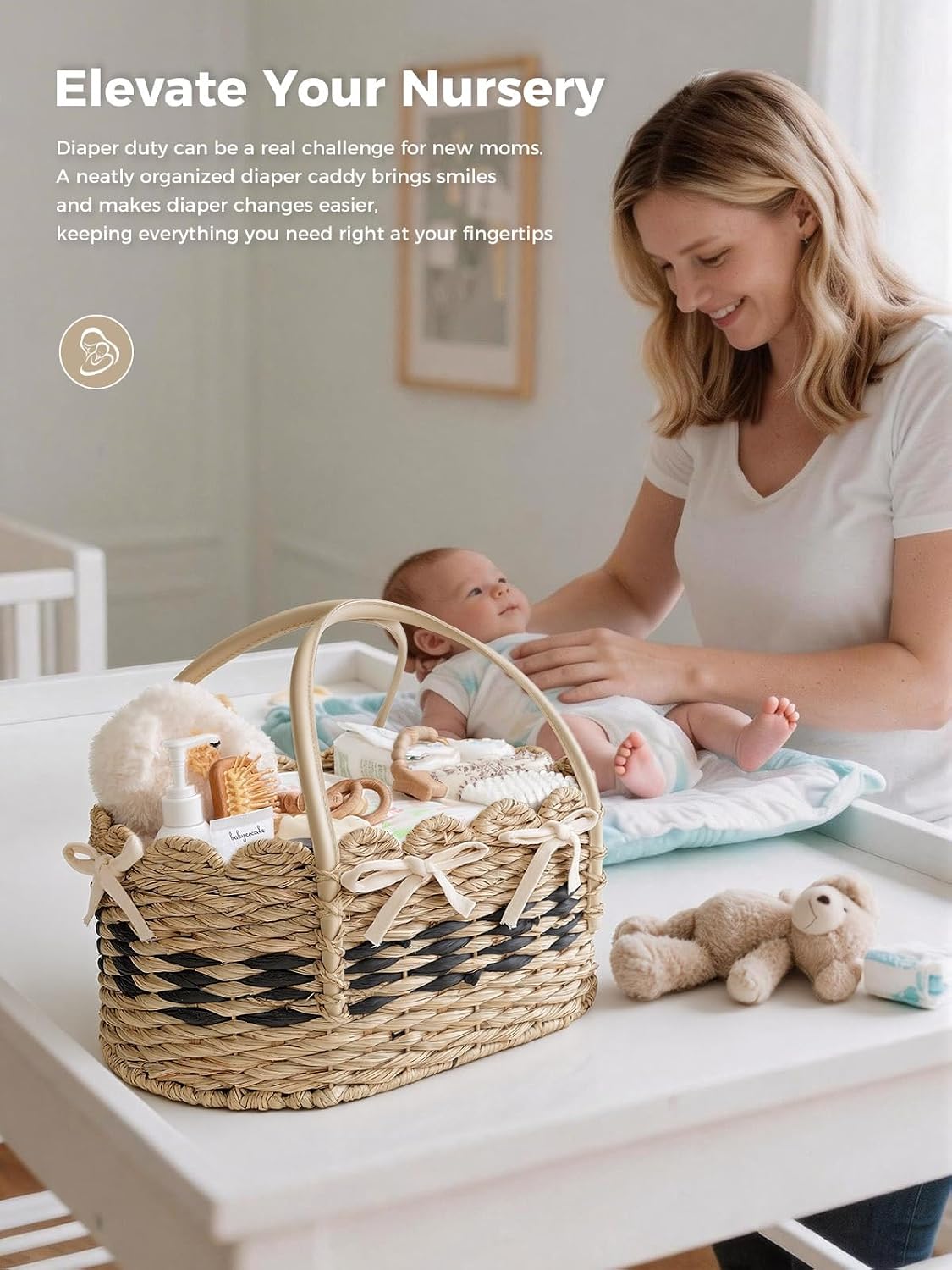 Large Diaper Caddy Organizer, Handwoven Natural Seagrass Basket with 5 Compartments, Scalloped Wicker Changing Table Organizer (Natural, XXL)