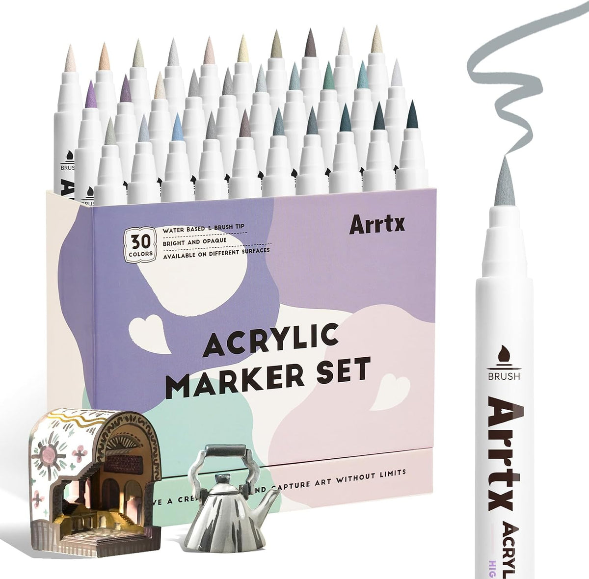 Arrtx 30 Gray Tone Acrylic Paint Markers, Brush Tip Pens | Fast-Drying, Non-Toxic Paint Pens for Rock Painting, Glass Marking, Wood, Fabric & DIY Crafts