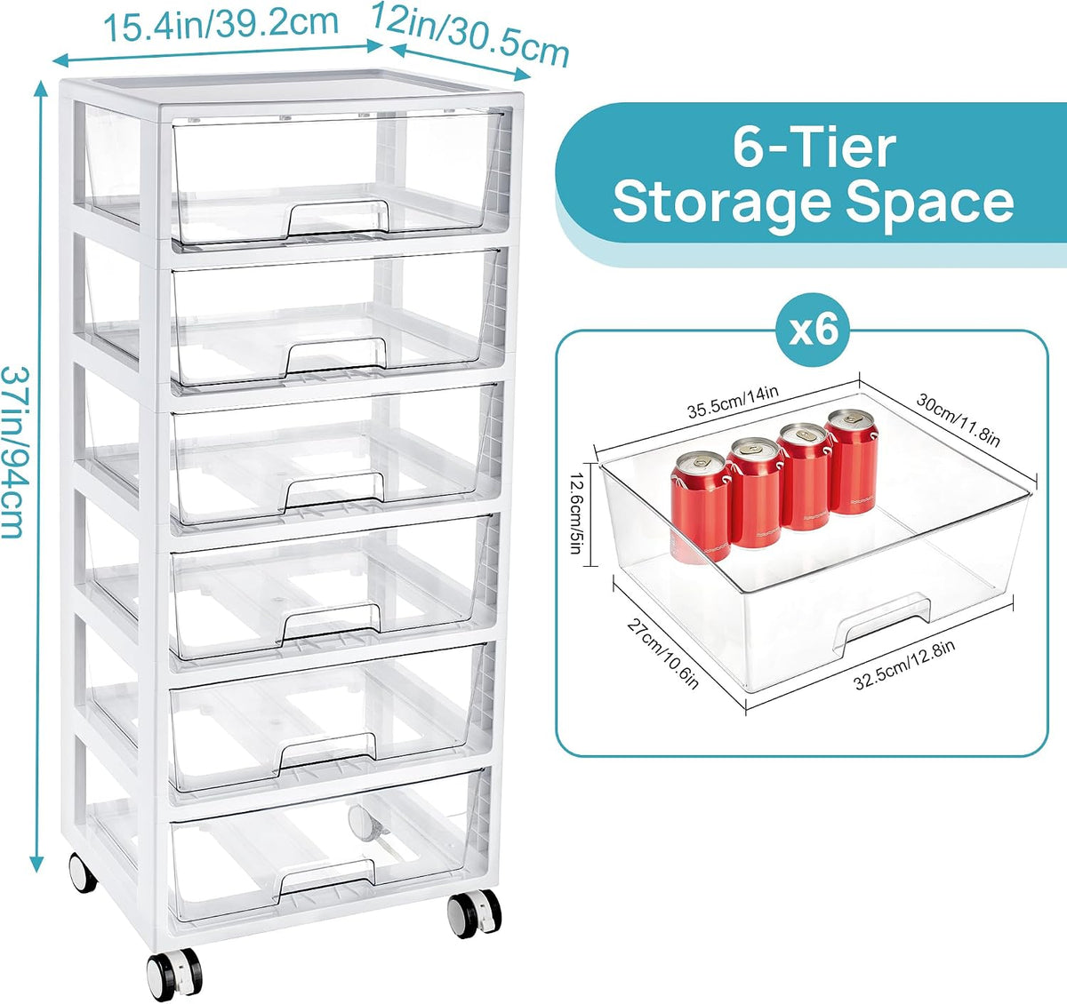 Vtopmart Rolling Drawer Cart, 6 Tier, Clear, Deep Drawers