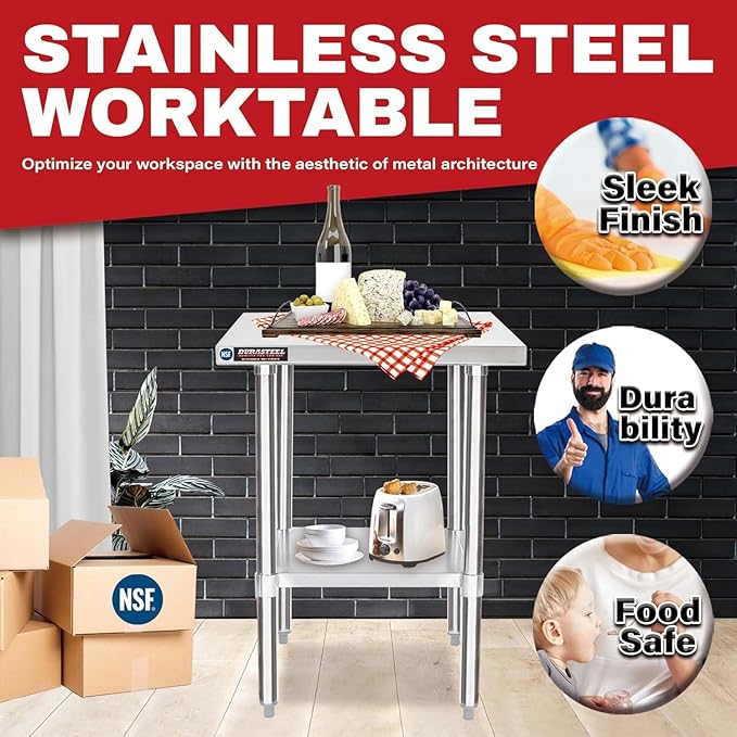 DuraSteel 24x24 Stainless Steel Work Table - NSF Commercial Prep Metal Table - Outdoor Pizza Oven Stand w/Under Shelf - Kitchen Island Laundry Utility Garage Microwave Stand Large Rolling Storage Cart
