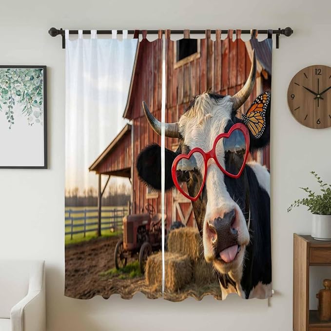 Farm Cows Living Room Curtains 84 Inch Length, Window Curtains Tab Top