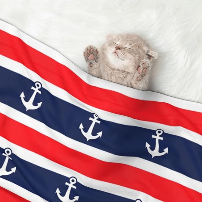 Two Sided Pet Cuddler Blanket for Anxiety Calming, Nautical Anchor Seamless Pattern Blue and Red Stripe, Reversible Plush Design with Bubble Dot Pattern Provides Familiar Surface Anywhere