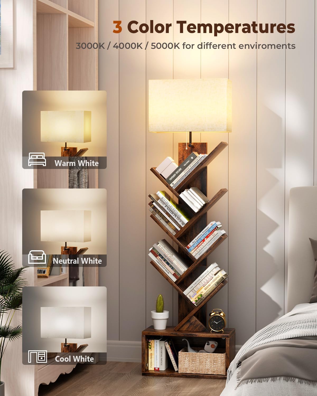 Evermagin 6 Tier Tree Bookshelf with Light, Bookcase, Rustic Brown