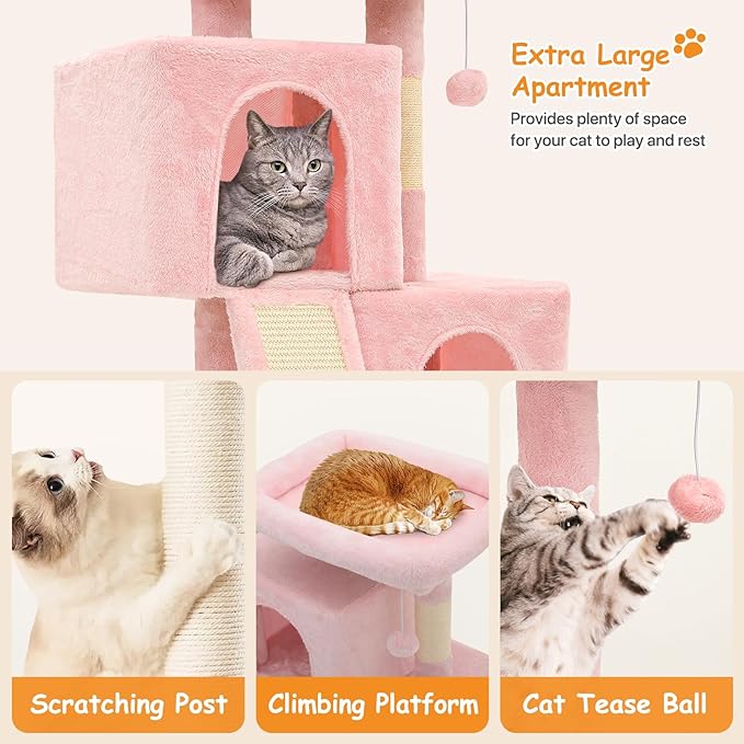 34'' Small Cat Tree with 2 Condos, Sisal Scratching Posts & Board, Multi-Level Climbing Tower for Indoor Cats, Sturdy Light Grey Cat Activity Center - Soft Pink