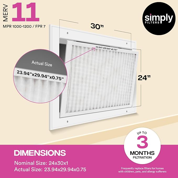 Simply 24x30x1 Air Filter, MERV 11, 12 Pack,