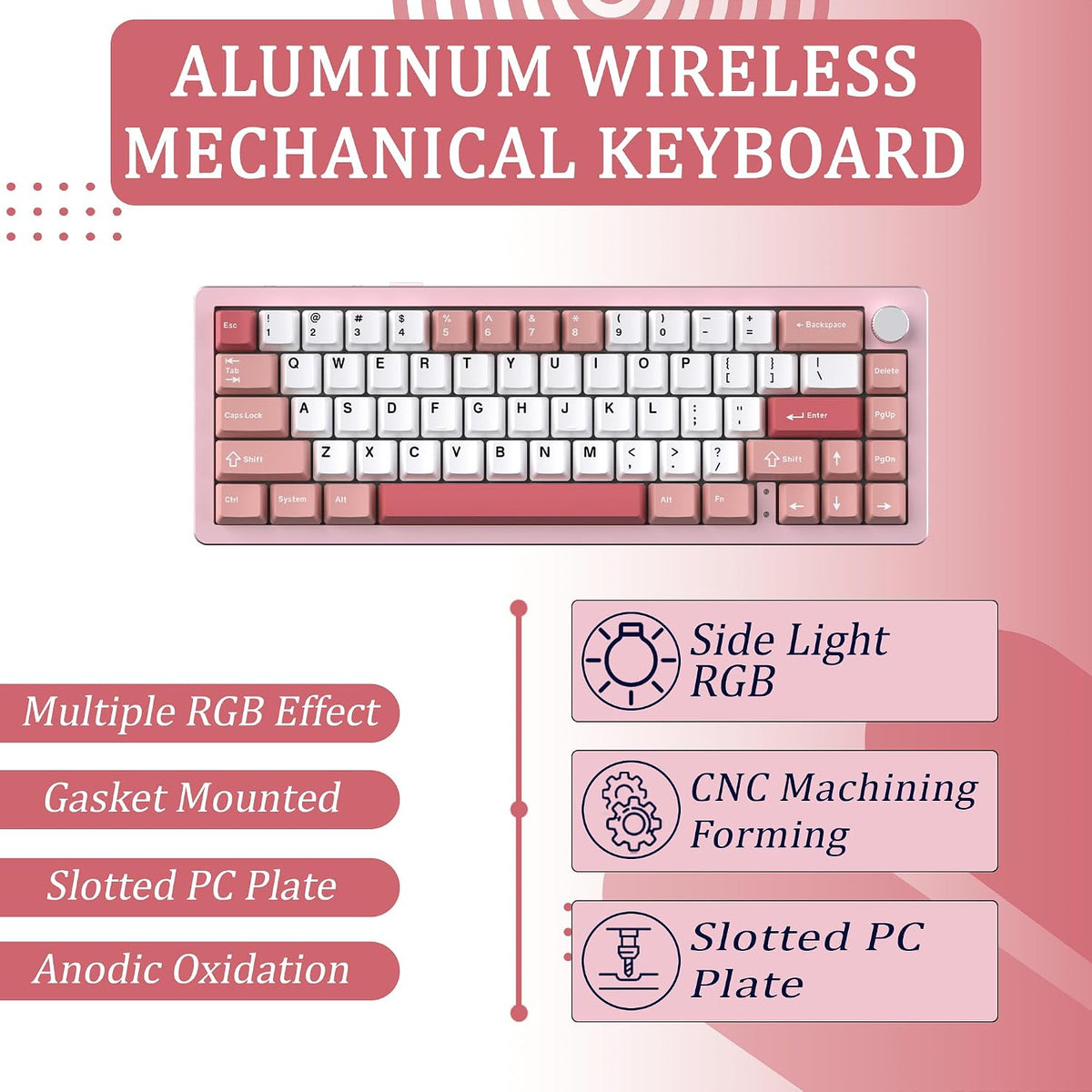 EMB Nabi Series NB1 65% Wireless Mechanical Gaming Keyboard, 66 Keys, CNC Aluminum, RGB, Hot-Swappable, 4600mAh, Milk Linear Switches, Wired/Bluetooth/2.4G (Silver/Pink)