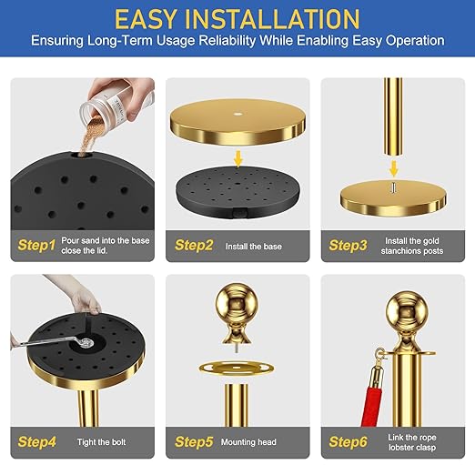 4 PCS Stanchions and Velvet Ropes, Gold Posts 5 Feet Crowd Control Barriers, Stainless Steel Poles for Red Carpet Themed Party Decoration (Golden)