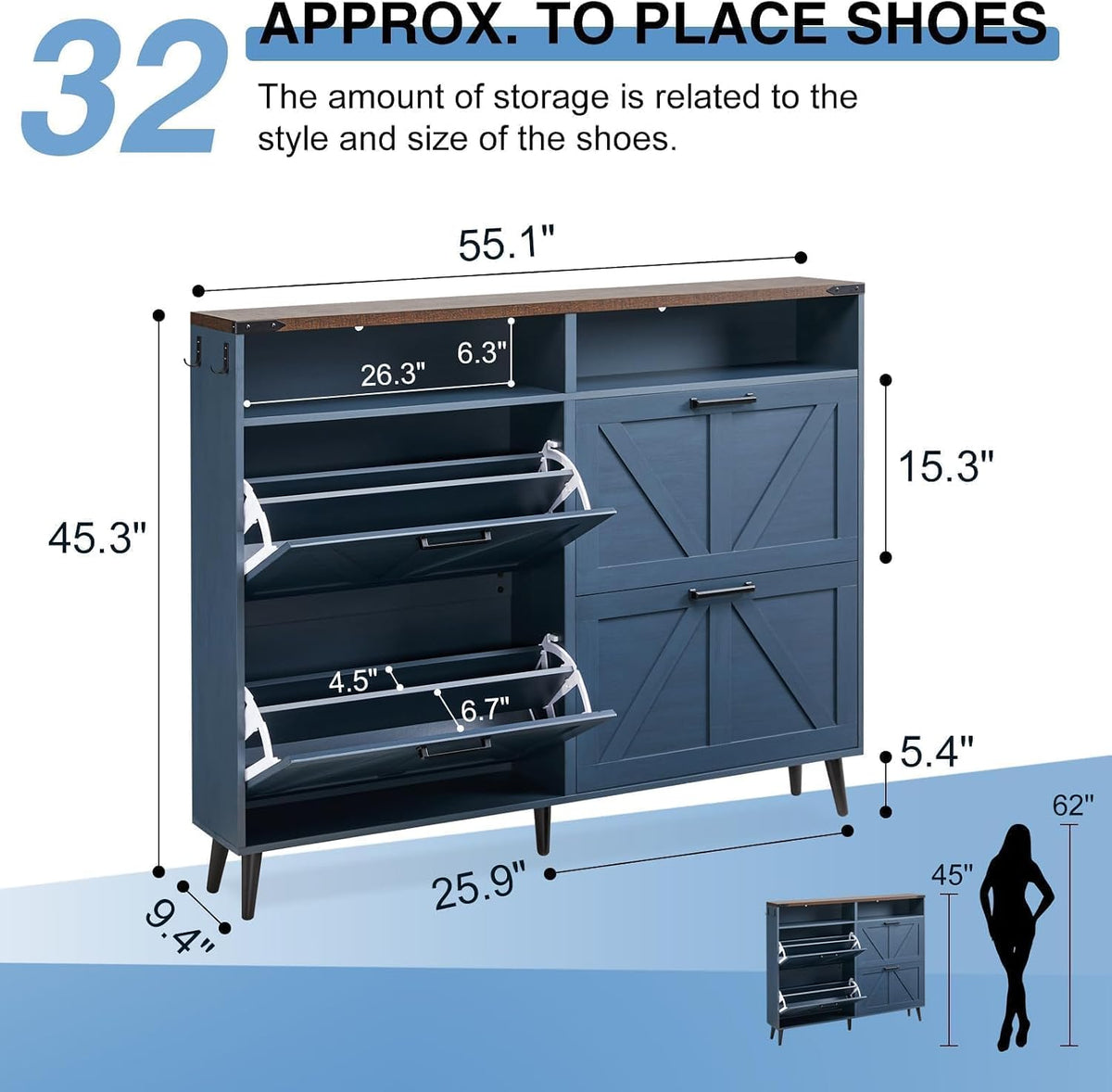 Barnyatoh Farmhouse Shoe Storage Cabinet with 4 Flip Drawers & Open Storage