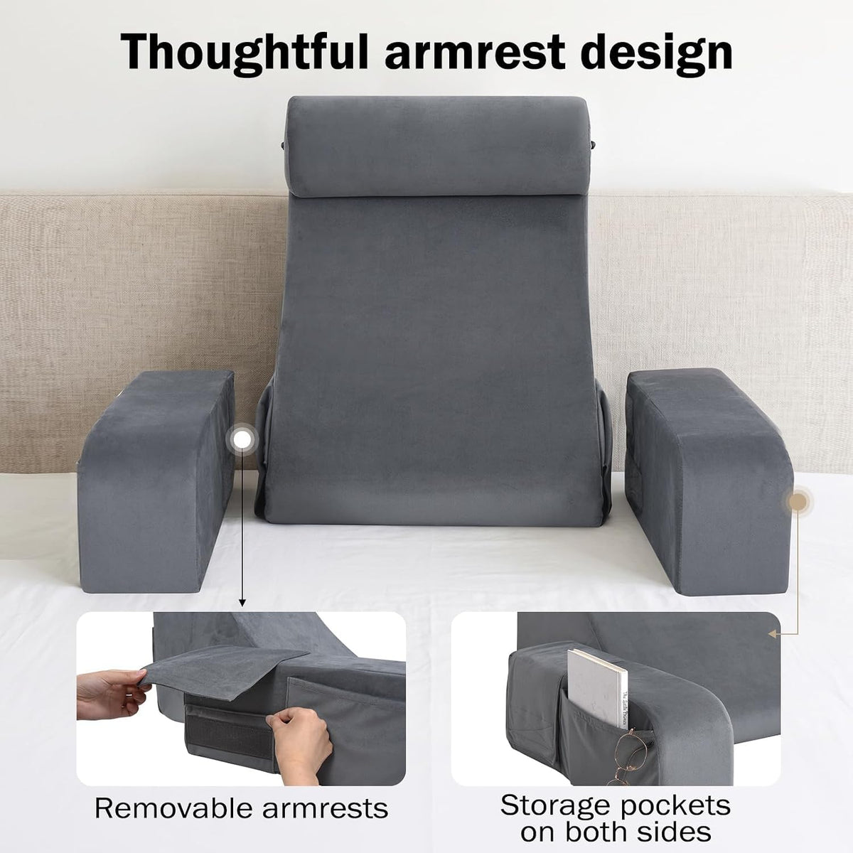 ENITYA 19" Reading Pillow for Bed with Firm Back Support & Big Pockets