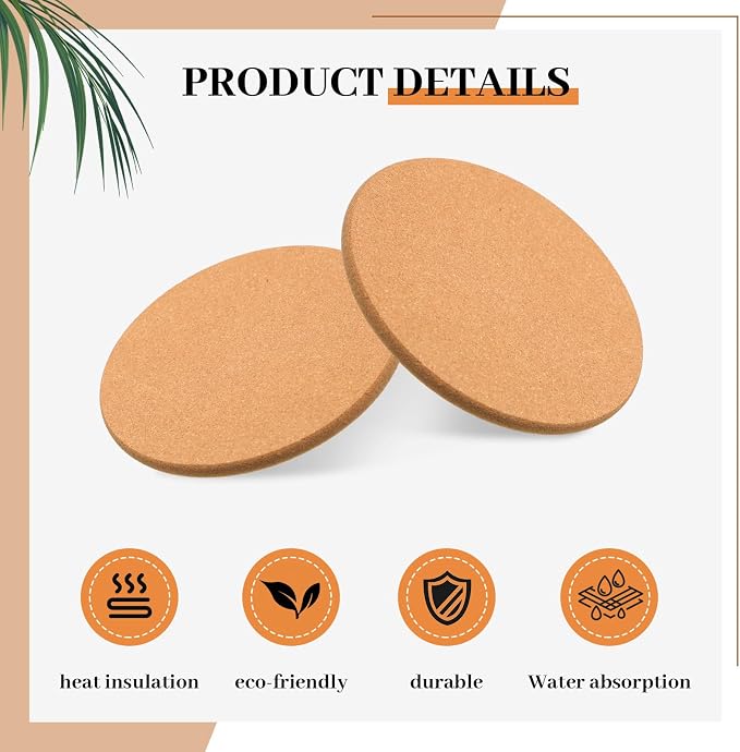 Boao 12 Pcs 6 Inch Round Absorbent Cork Coasters Wooden Cork Plant Coasters